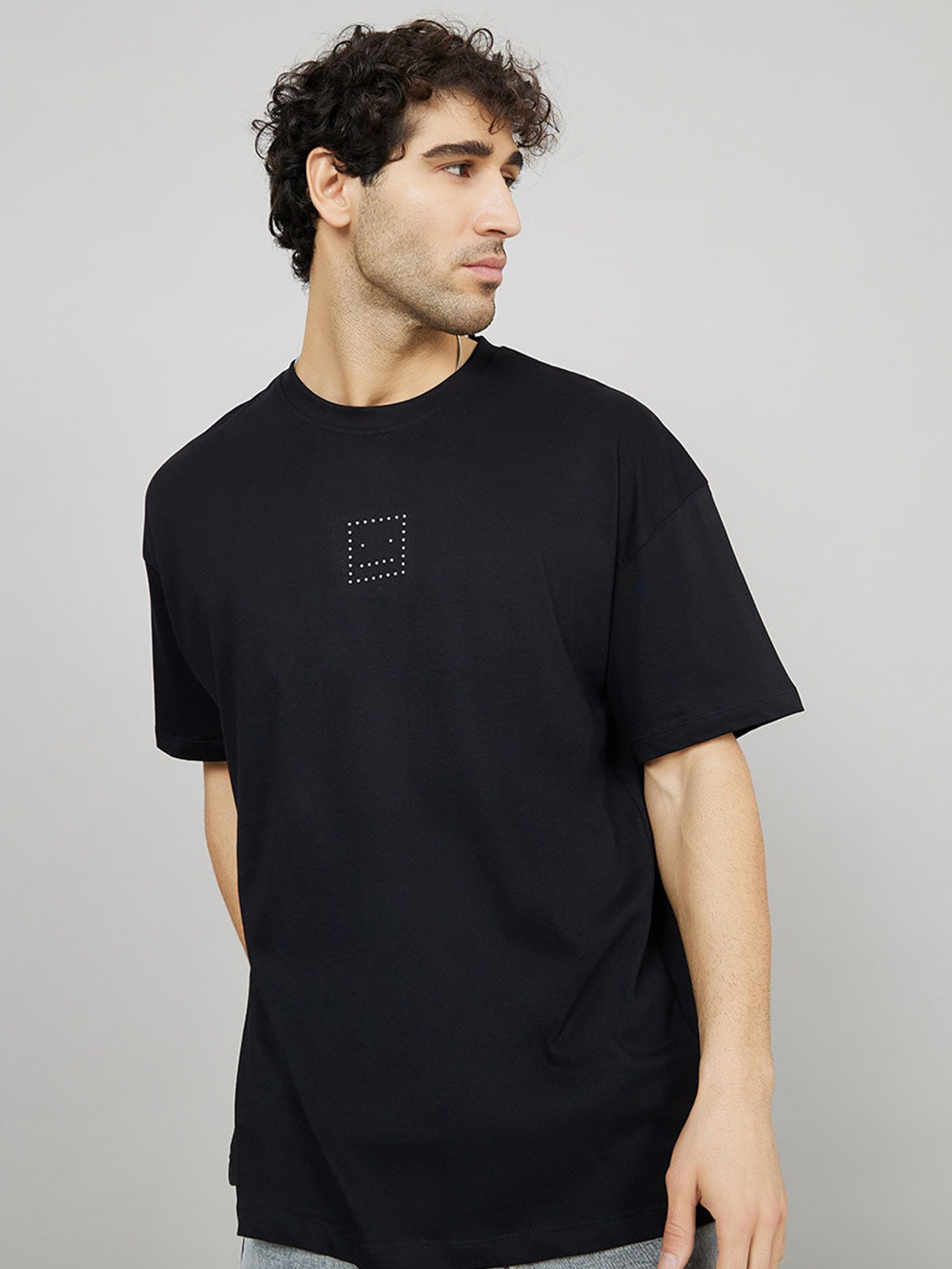 Styli Rhinestone Stud Oversized T-Shirt with Rib Neck Detail