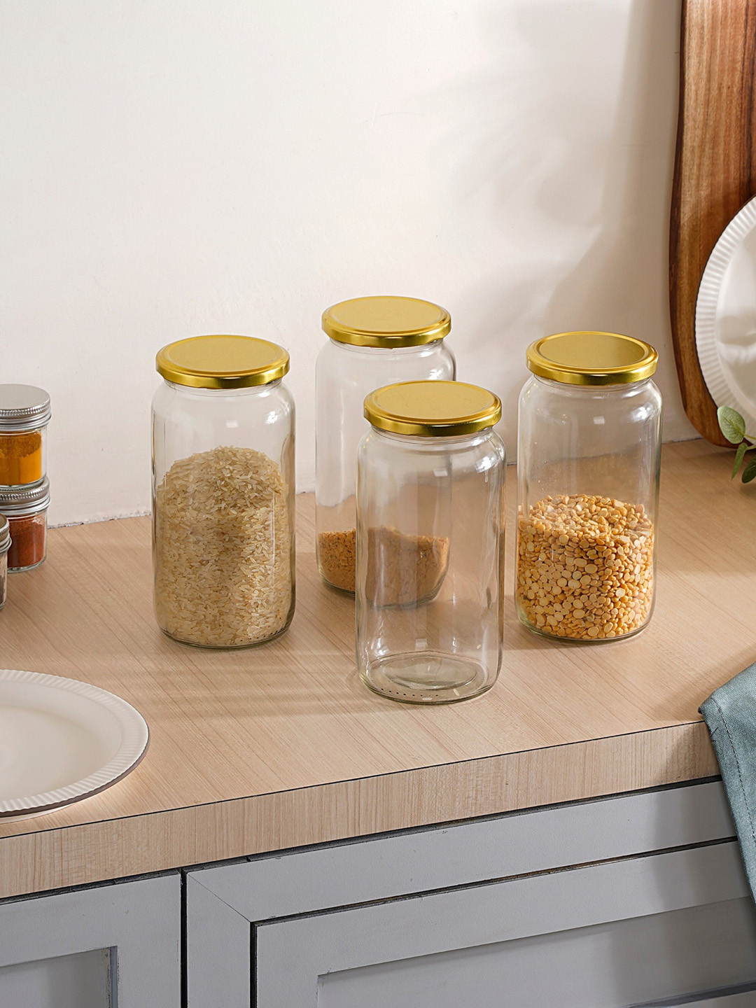 Nestasia Transparent 4 Pieces Glass Storage Jars With Gold-Toned Lid - 950 ml Each