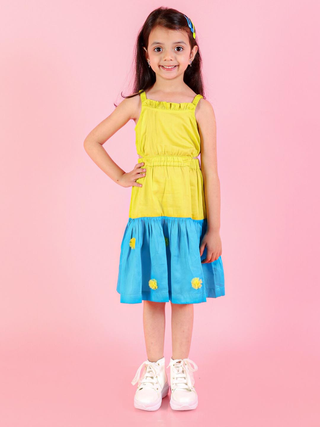 LIL DRAMA Girls Shoulder Straps Cut Out Ruffles Cotton A-Line Dress