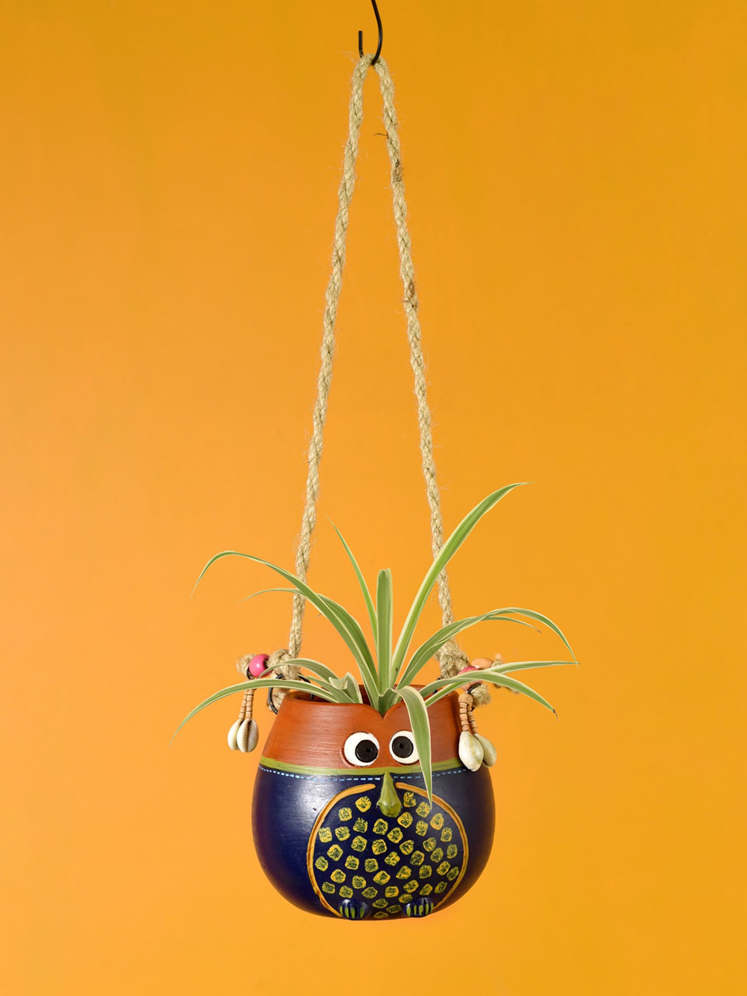AAKRITI ART CREATIONS Blue & Brown Printed Clay Earthen Planter Pot With Jute Hanger