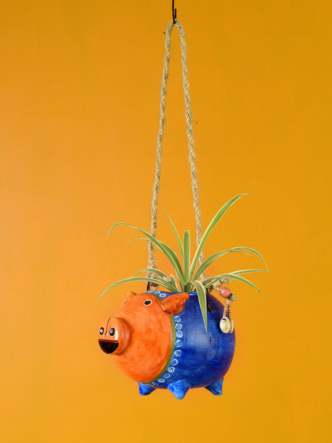 AAKRITI ART CREATIONS Earthen Blue & Orange Pig Design Planter With Jute Hanger