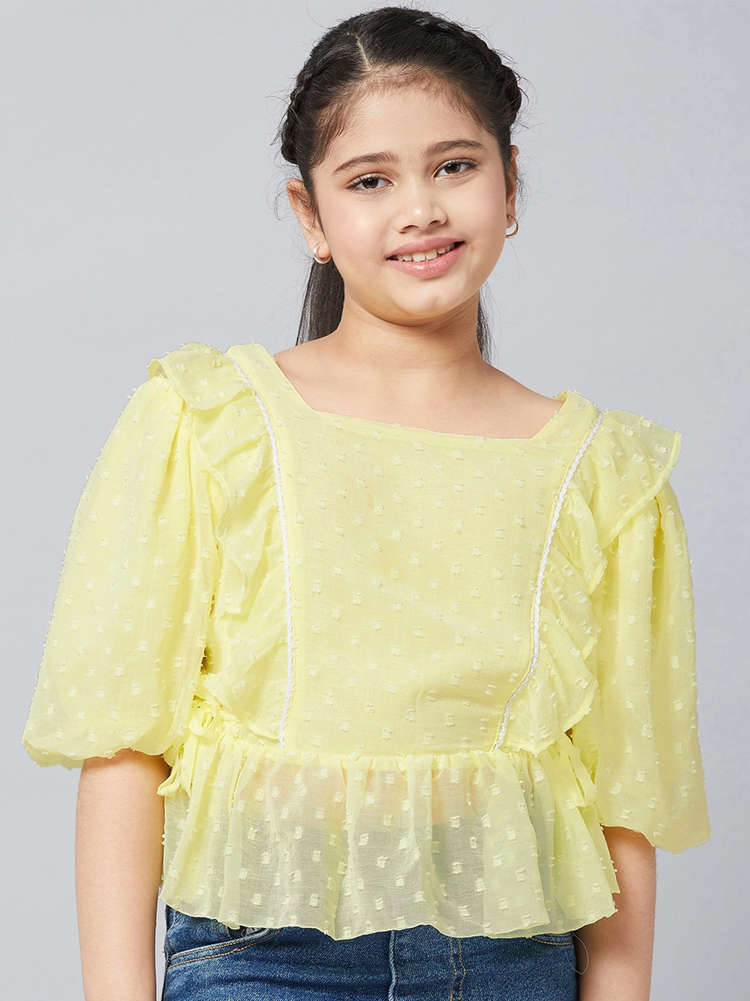StyloBug Girls Square Neck Ruffles Chiffon Peplum Top