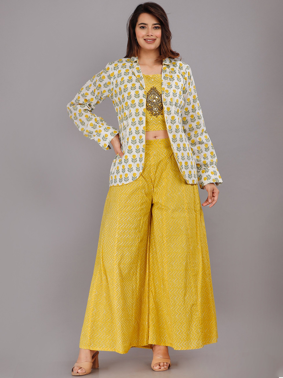 HIGHLIGHT FASHION EXPORT Printed  Pure Cotton Lapel Collar Top With Flared Palazzos & Jacket Co-Ords