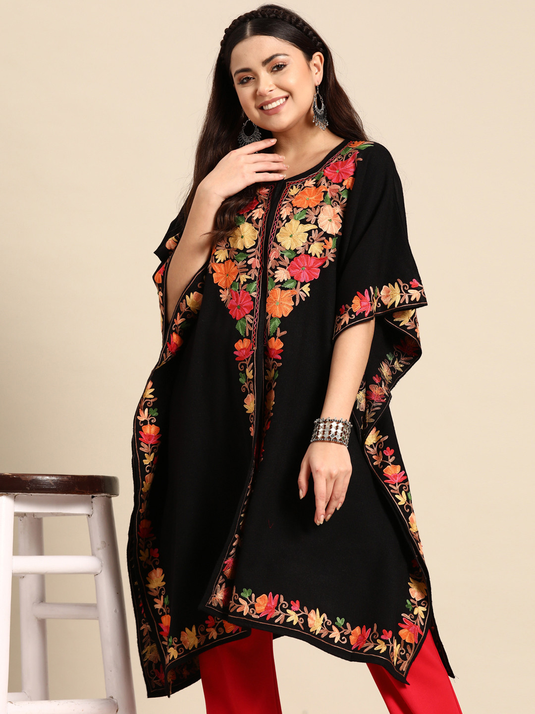 Sangria Floral Embroidered Flared Sleeves Jacquard Kaftan Kurta