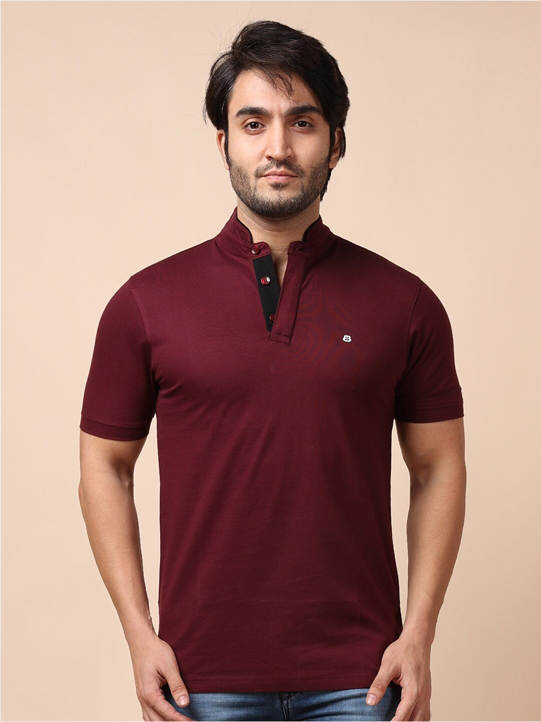 berry blues Mandarin Collar Short Sleeves Cotton T-shirt