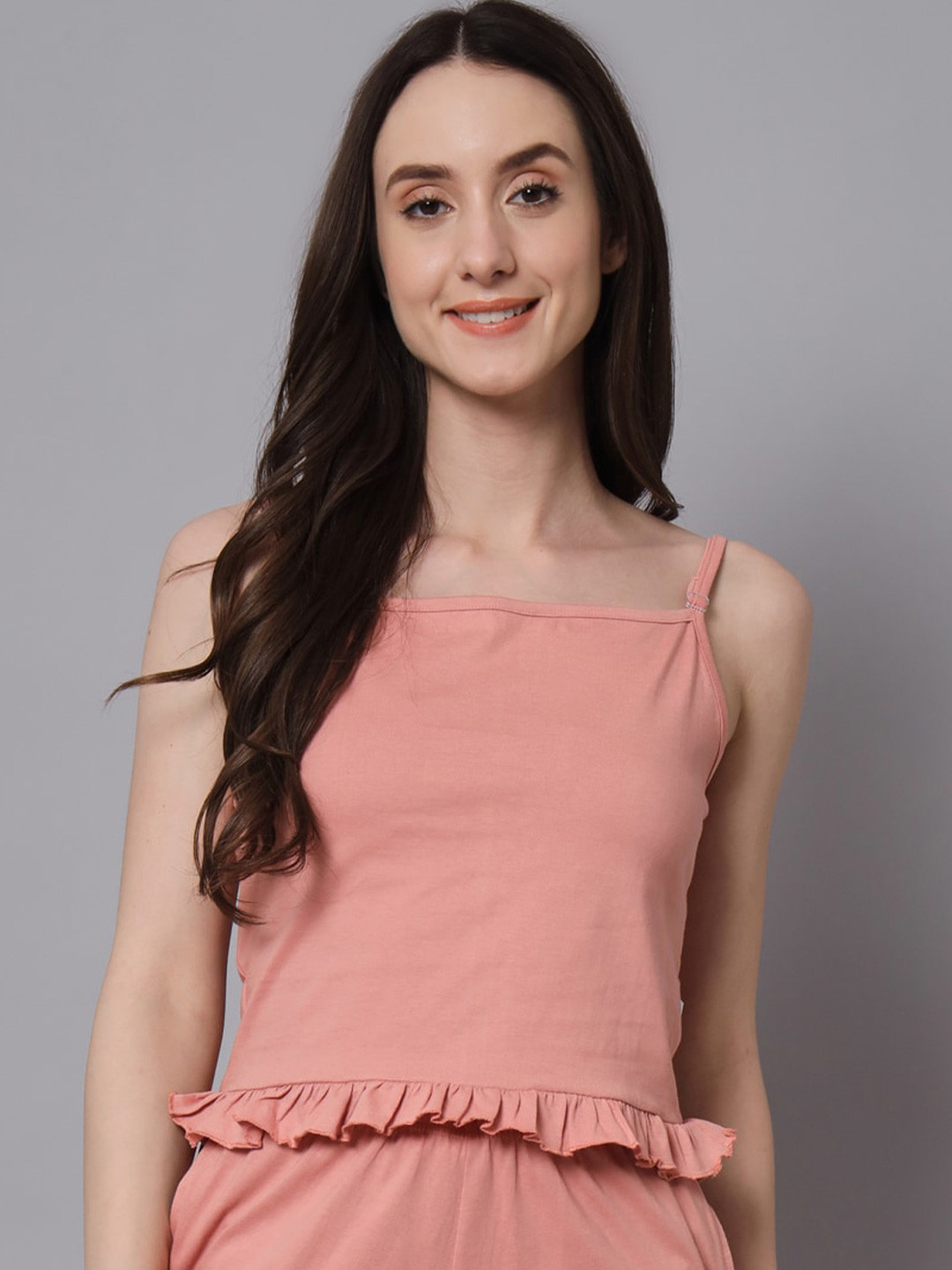 Peach-Coloured Square Neck Ruffles Cotton Top