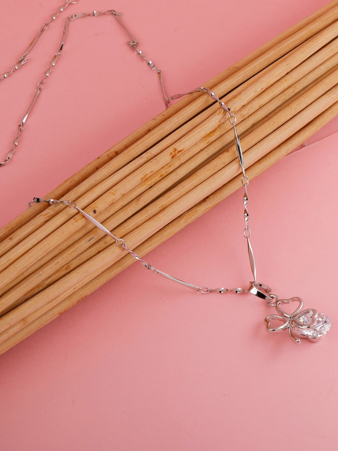Silver Shine Silver-Plated AD Studded Necklace With Adjustable Couple Rings