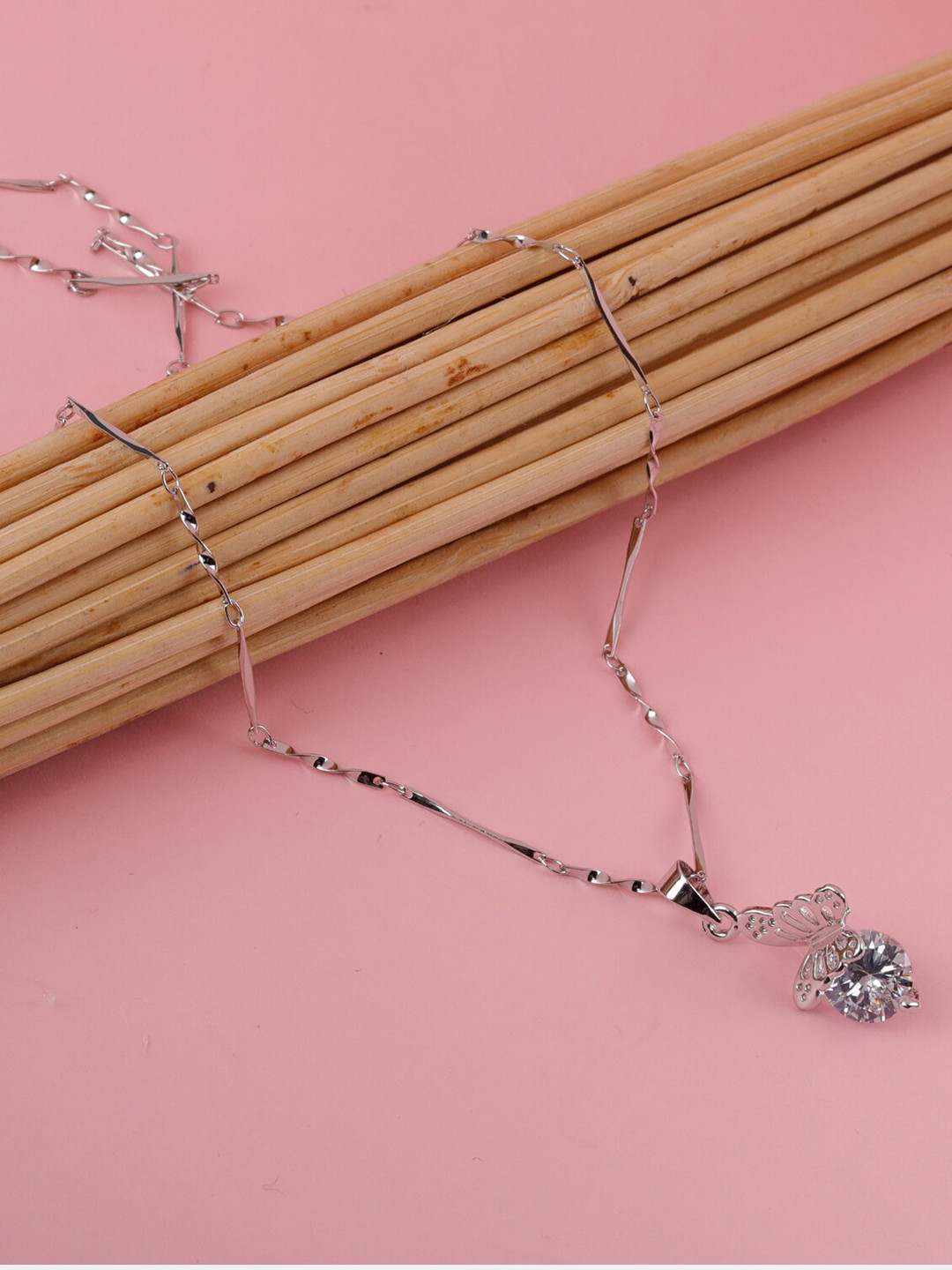 Silver Shine Silver-Plated AD-Studded Couple Rings And Pendant Chain Jewellery Set