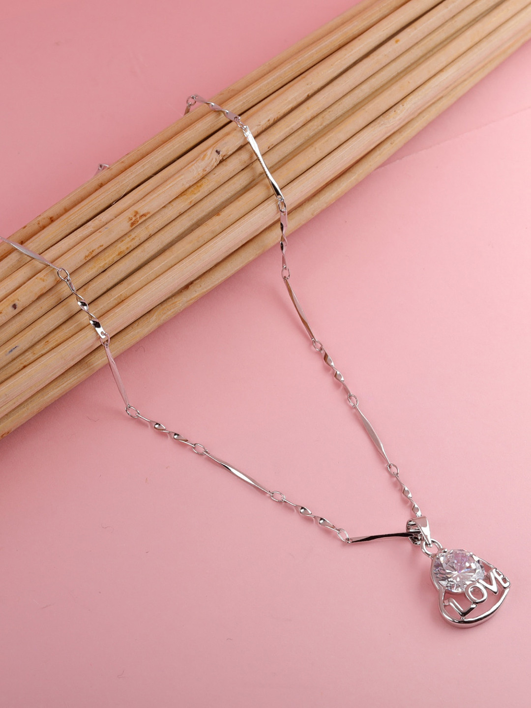 Silver Shine Silver-Plated AD-Studded Couple Rings And Pendant Chain Jewellery Set