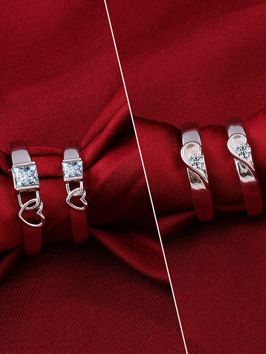 Silver Shine Set Of 4 Silver-Plated American Diamond studded Couple Adjustable Rings