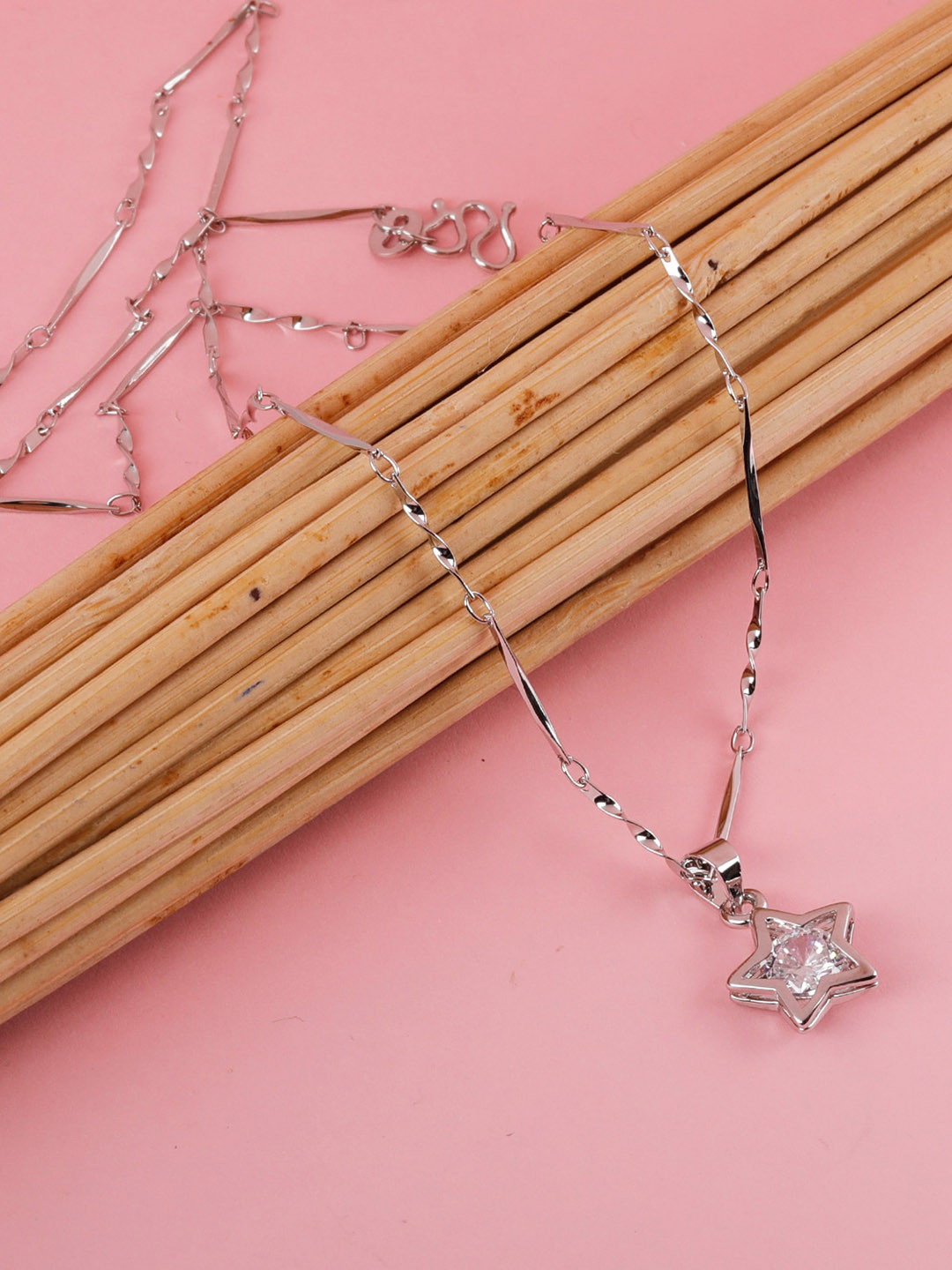 Silver Shine Silver-Plated AD Studded Necklace With Adjustable Couple Rings