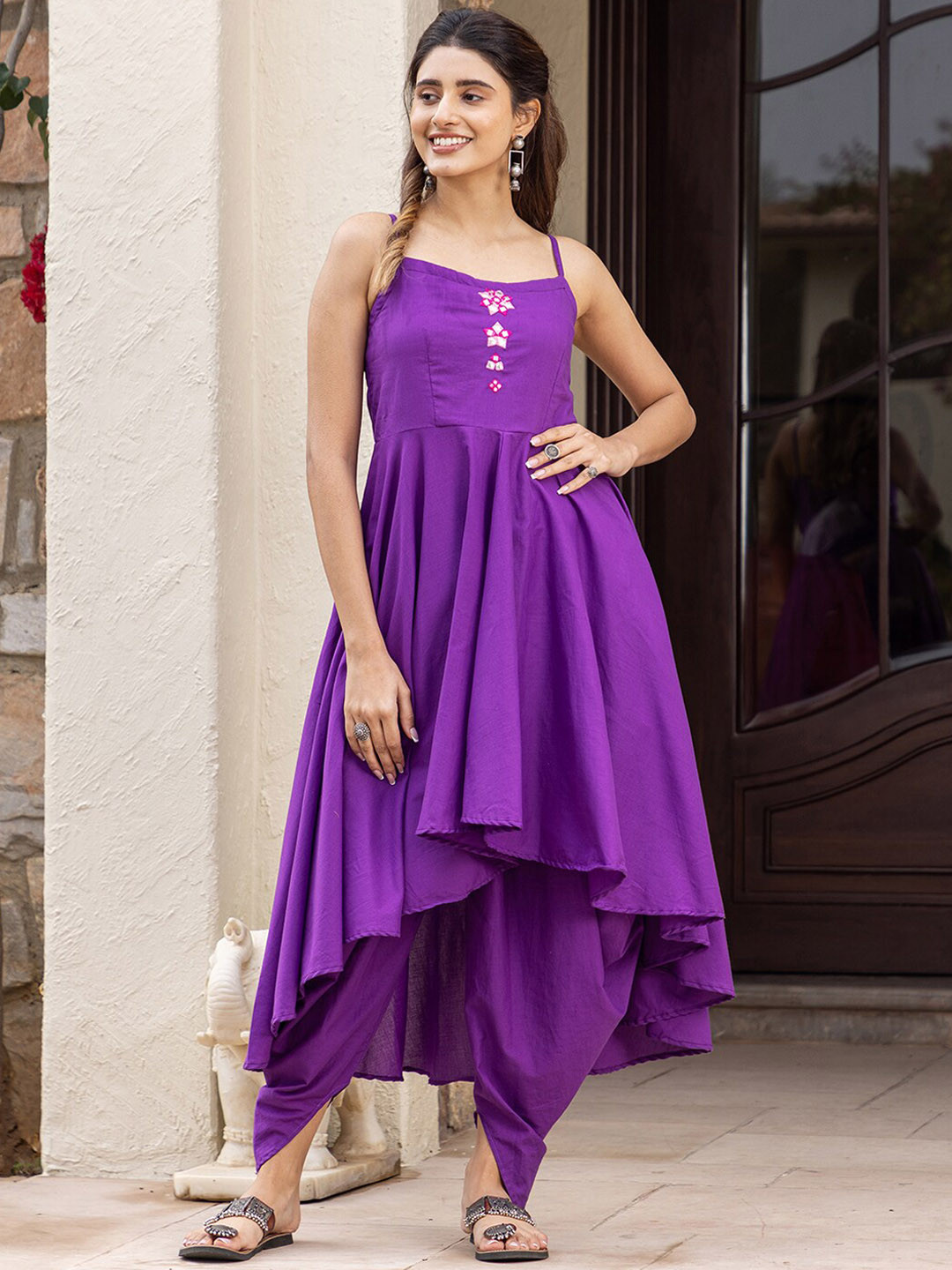 Ambraee Thread & Mirror Work Pleated Anarkali Fusion Kurta with Dhoti Pants
