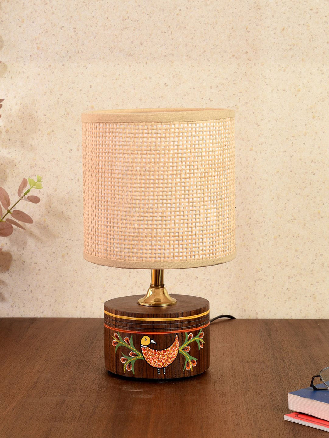 AAKRITI ART CREATIONS Monsoon Brown & Beige Wooden Dancing Peacock Design Table Lamp With Shade