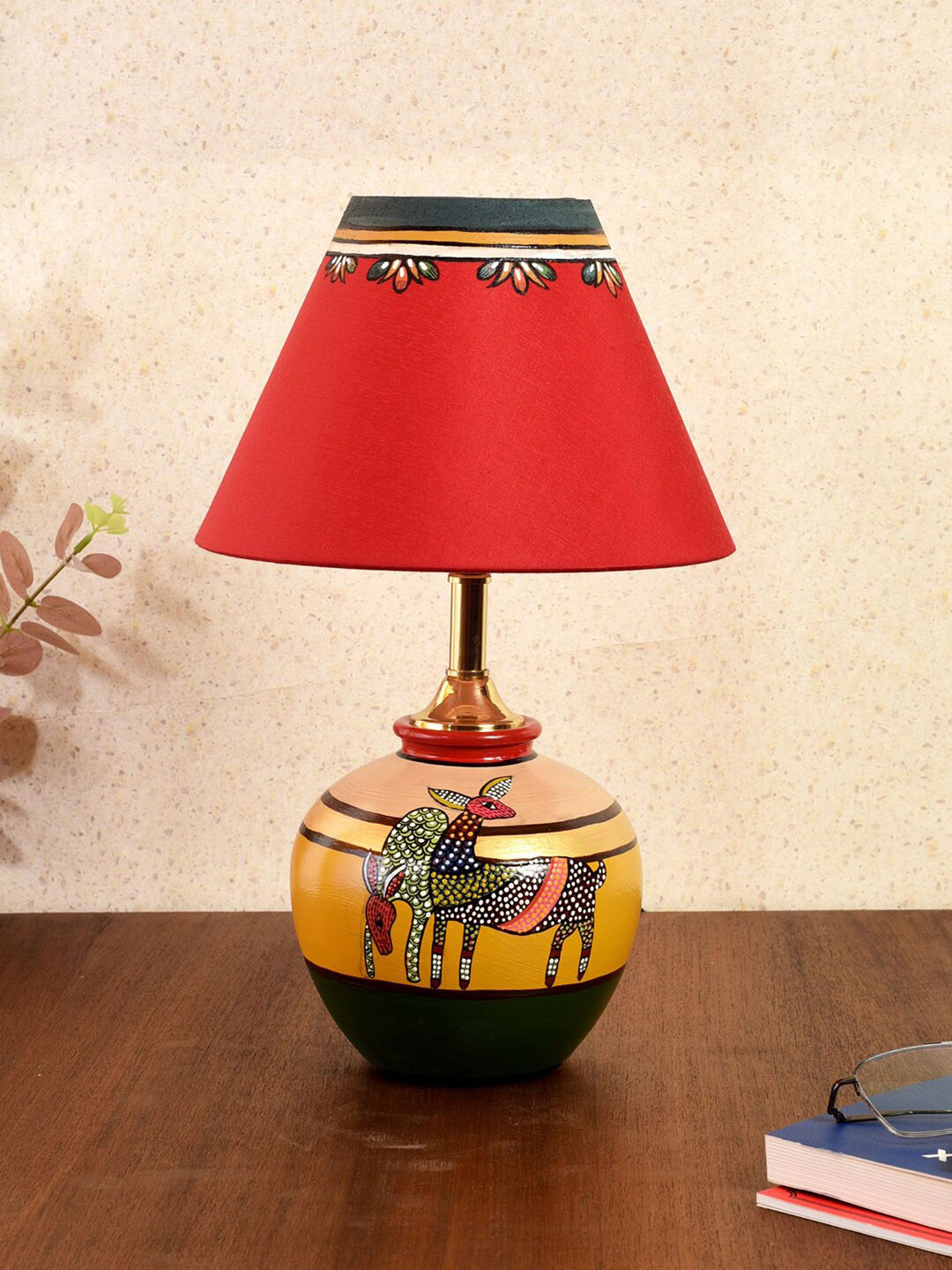 AAKRITI ART CREATIONS Monsoon Yellow & Red Terracotta Delightful Deers Matki Design Table Lamp With Shade