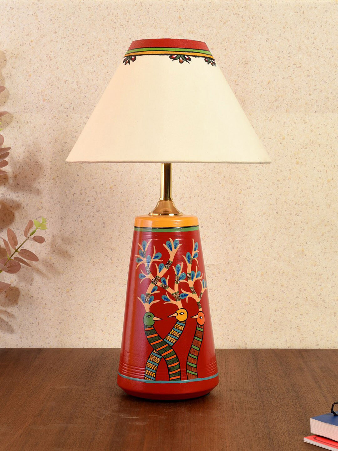 AAKRITI ART CREATIONS Monsoon Red Chirping Birds Design Table Lamp With Shade