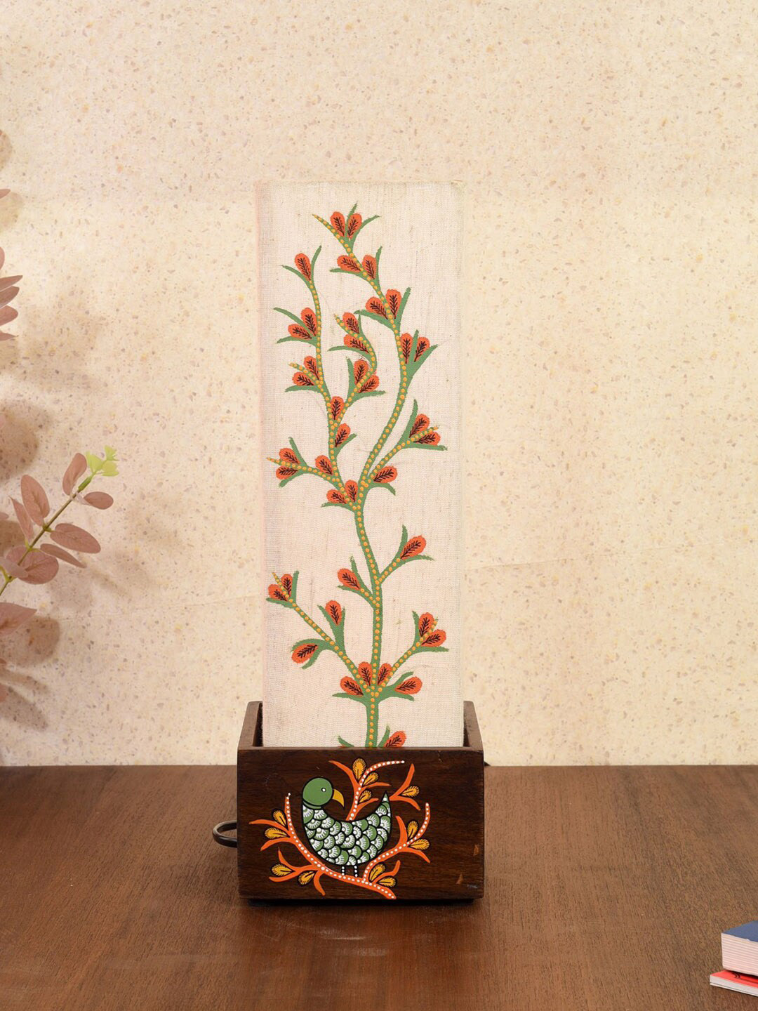 AAKRITI ART CREATIONS Monsoon Brown & Beige Birds In Tree Design Pillar Shape Wooden Table Lamp