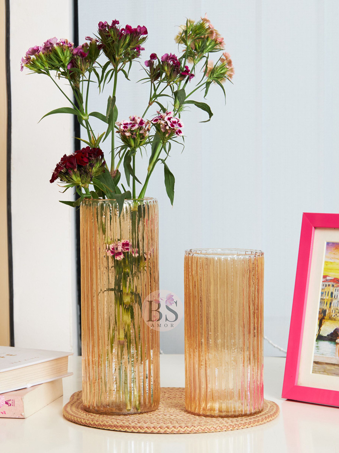 BS AMOR Brown 2 Pieces Textured Glass Vases