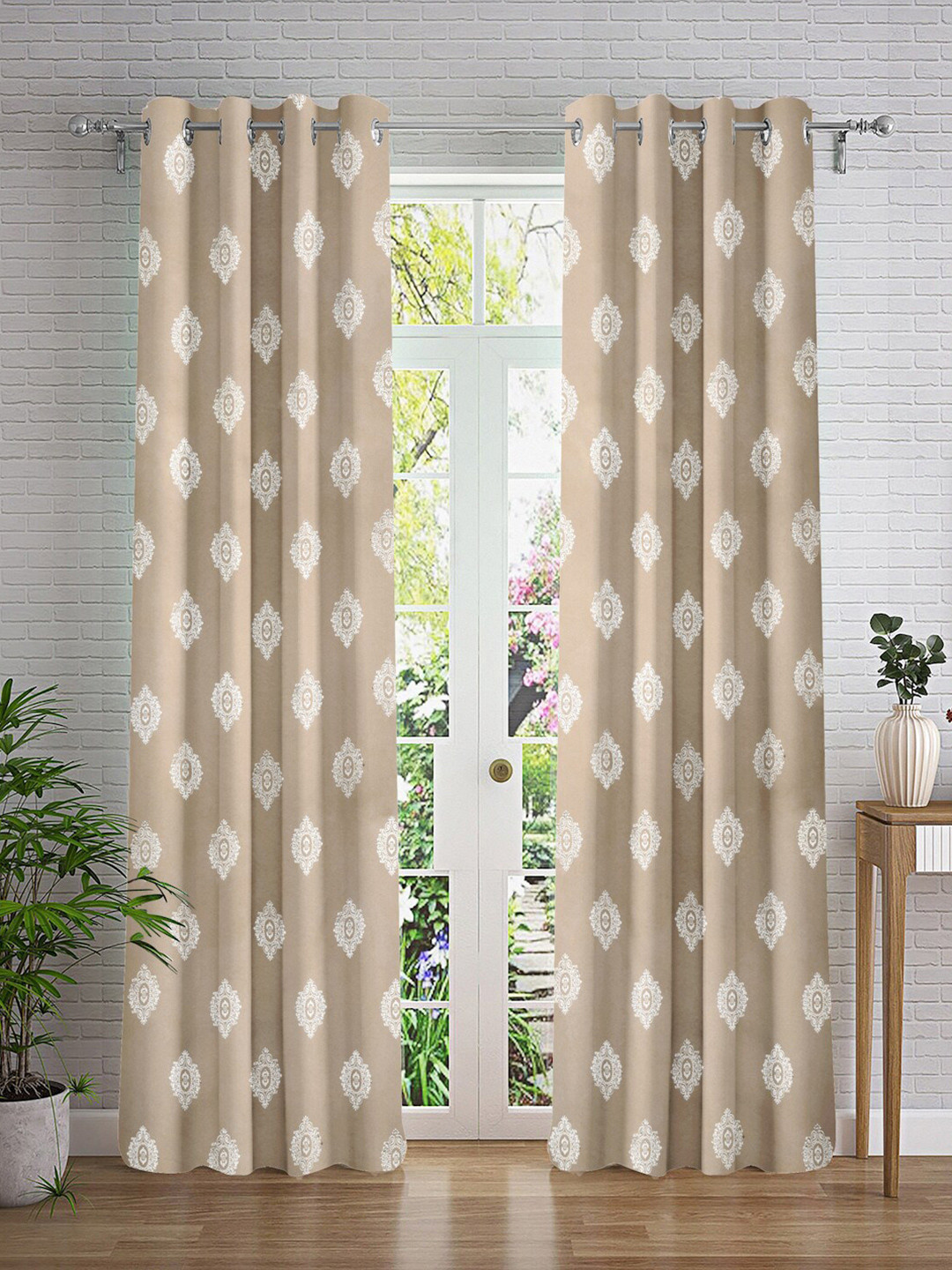 Cortina Taupe & White 2 Pieces Ethnic Motifs Printed Door Curtains