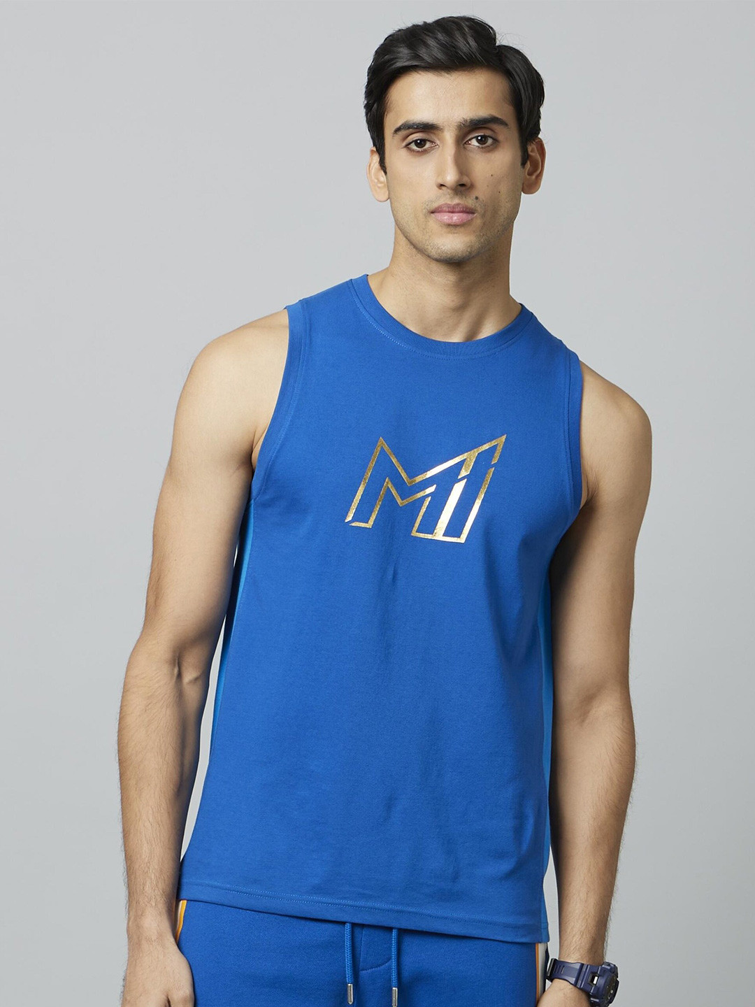 Celio Mumbai Indians Printed Sleeveless Cotton T-shirt