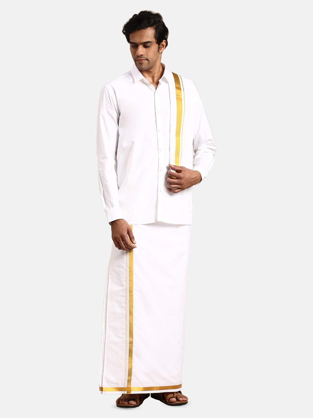 Ramraj Men Long Sleeves Pure Cotton Shirt & Dhoti With Towel And Belt
