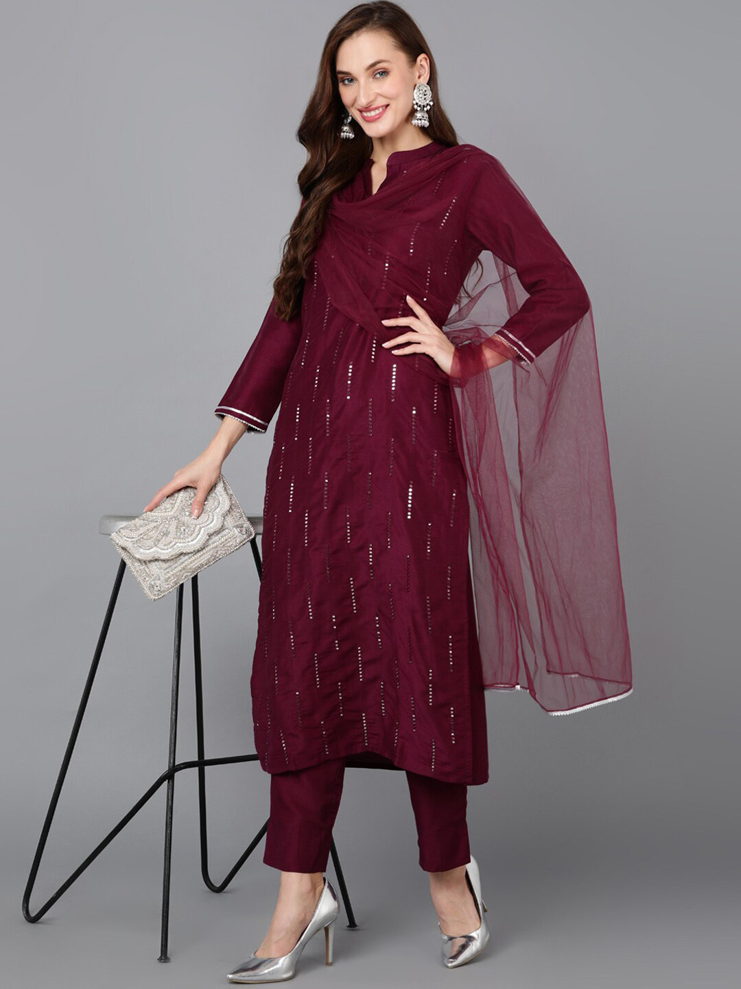 AHIKA Mandarin Collar Sequinned Kurta with Trousers & Dupatta