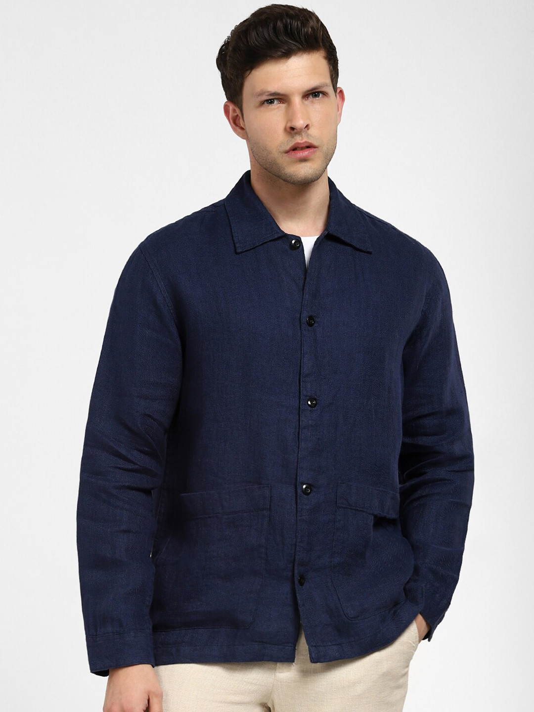 SELECTED Spread Collar Boxy Linen Casual Shirt
