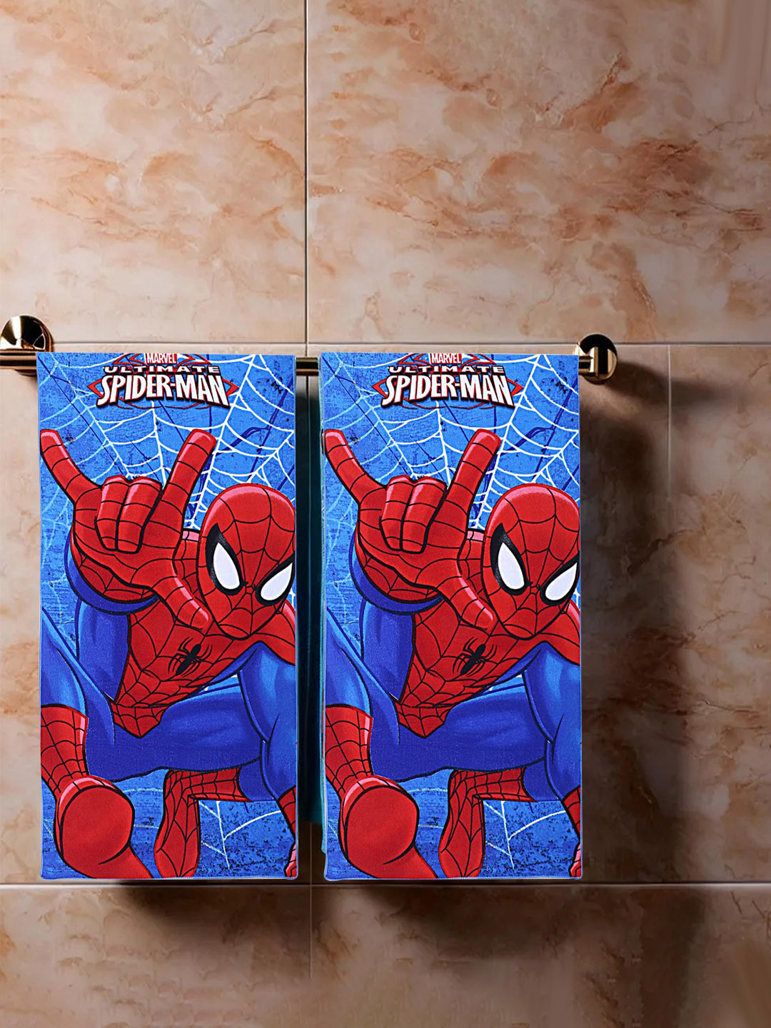 Kuber Industries Kids Blue & Red 2 Pieces Spiderman Printed 120 GSM Cotton Bath Towels
