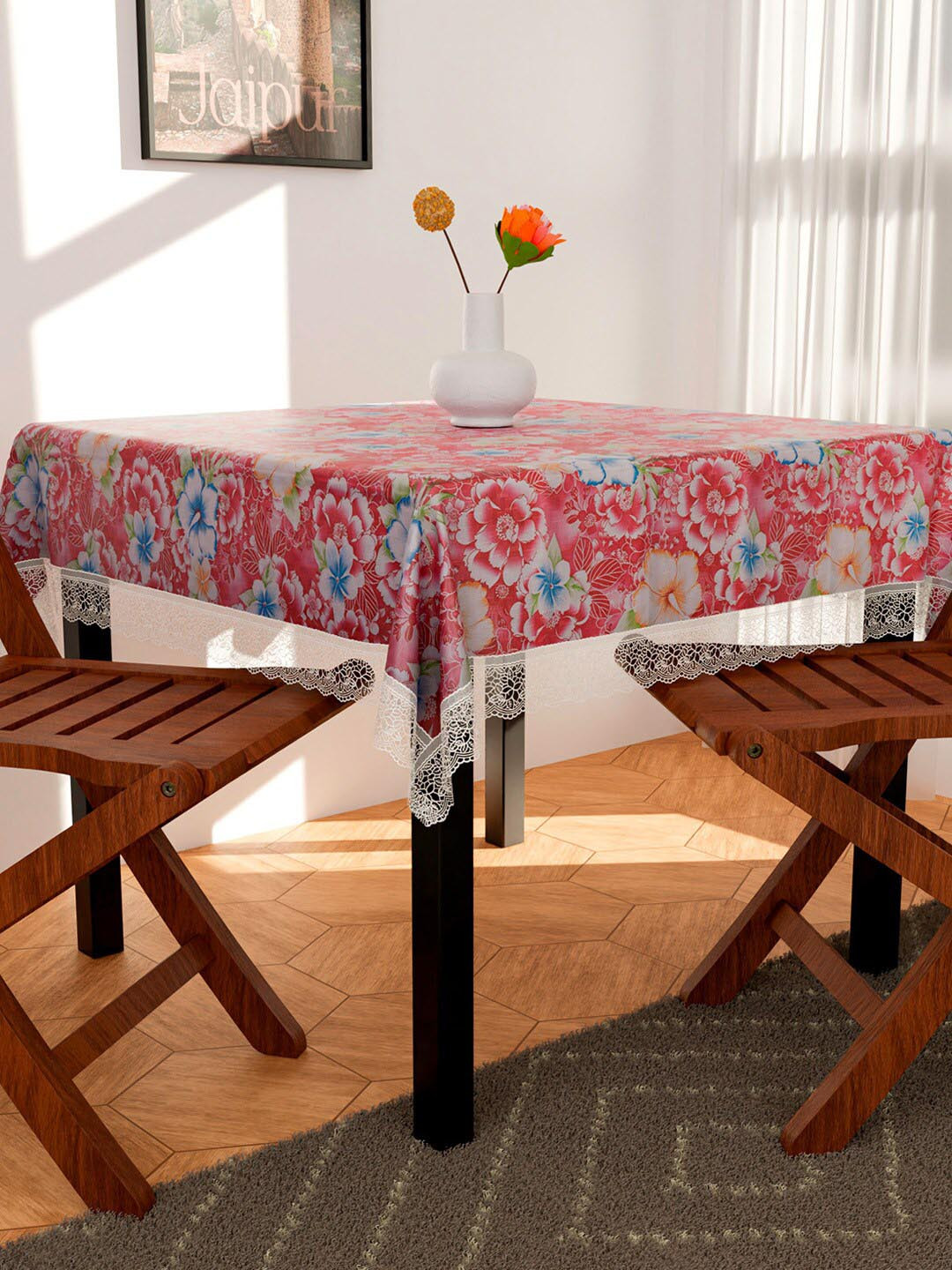 Kuber Industries Pink & Blue Floral Printed Waterproof 4 Seater Table Cloth
