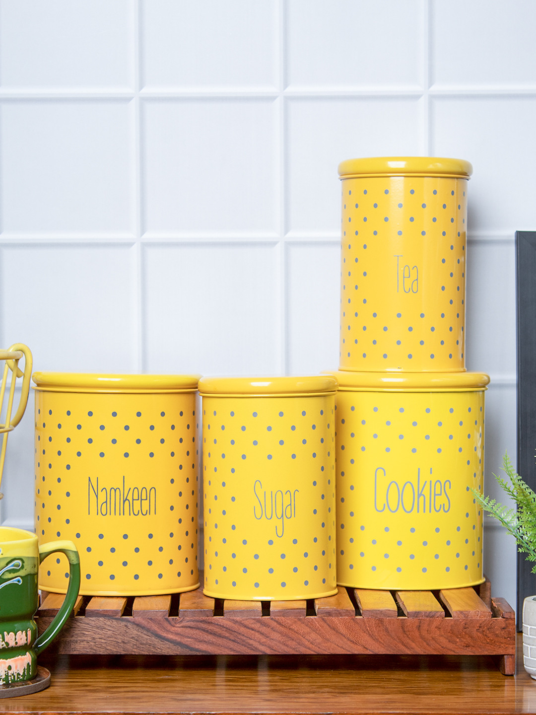 Market99 Yellow Polka Dots Metal Dishwasher Safe 4 Piece Flip Top Canister-900ml