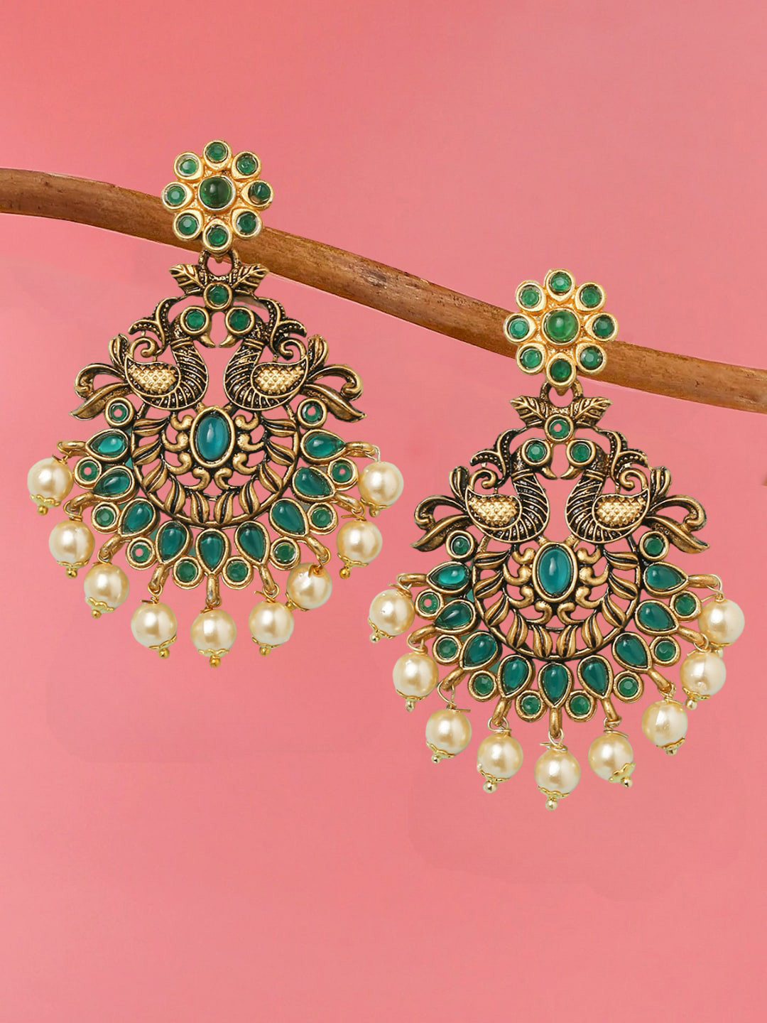 OOMPH Gold-Plated Peacock Design Chandbalis Earrings
