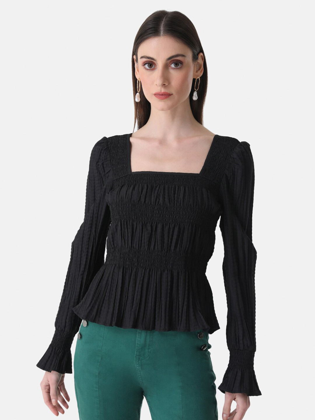 Kazo Square Neck Cuffed Sleeves Top
