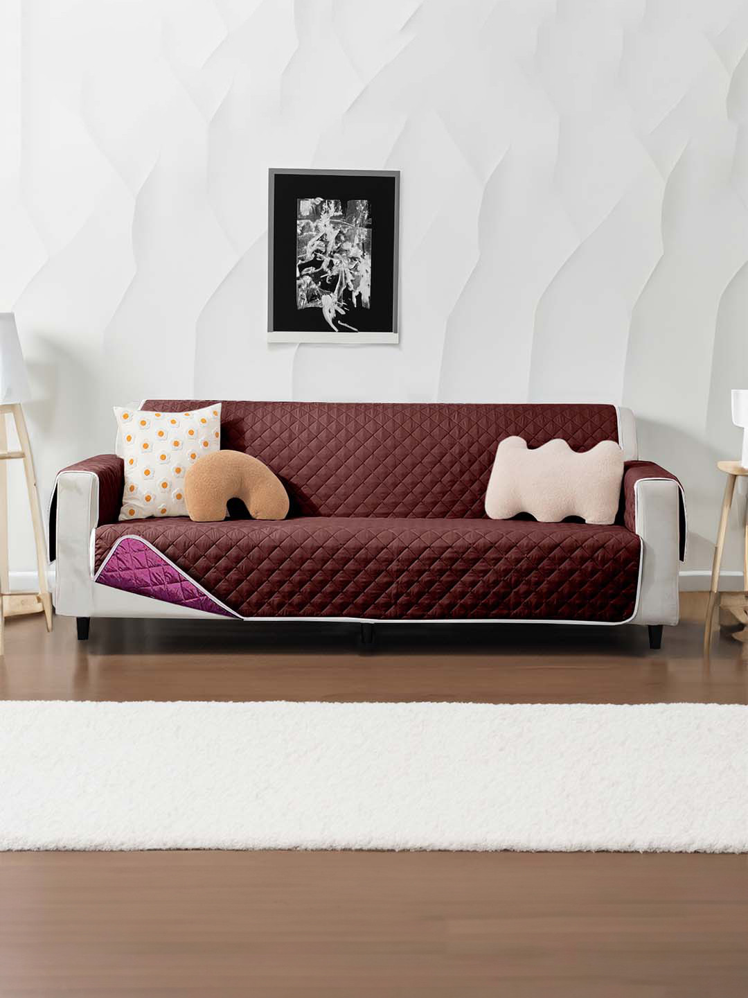 Cortina Purple & Brown Quilted 2-Seater Reversible Sofa Cover With Arms