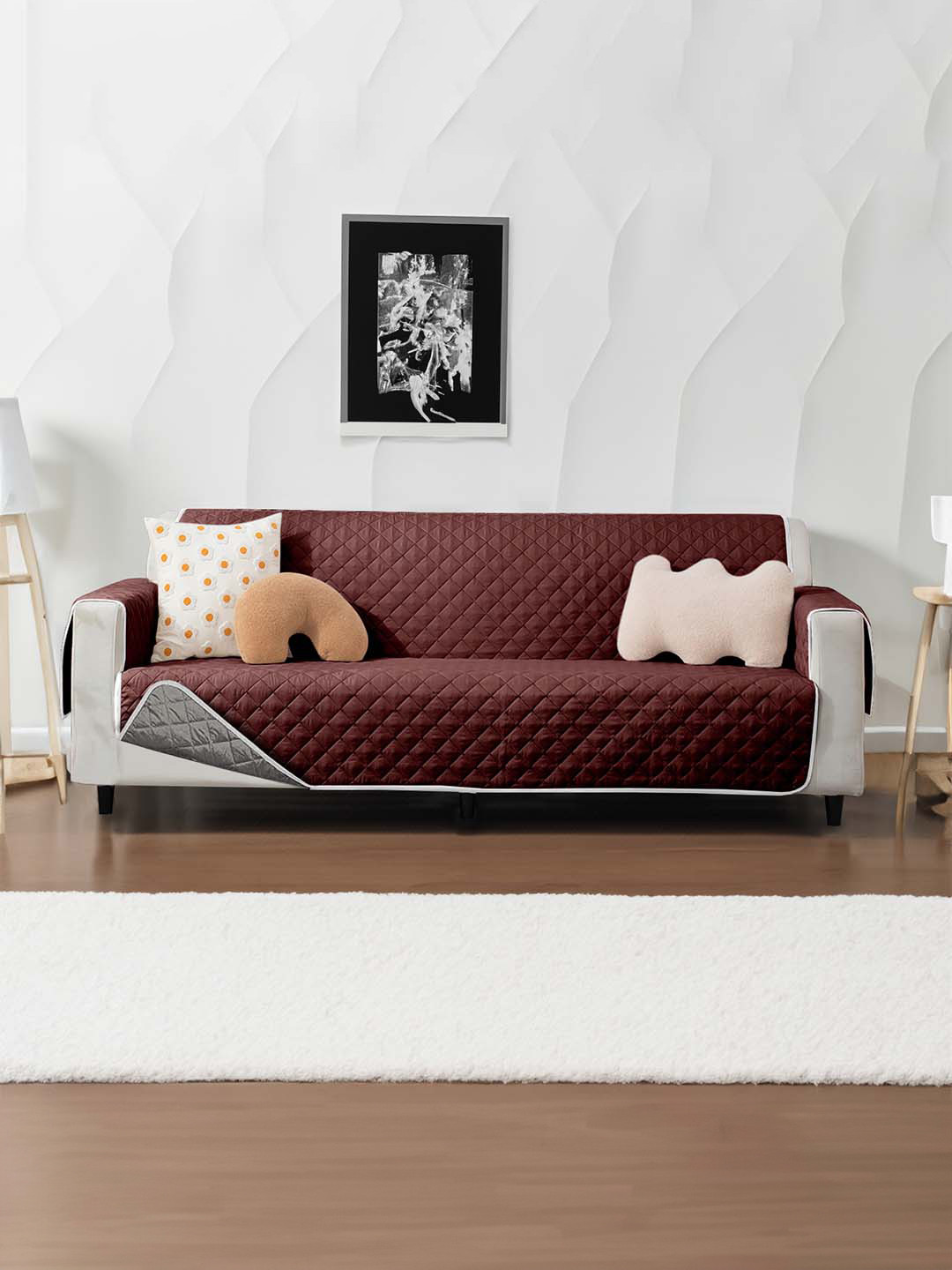 Cortina Brown & Grey Quilted 2 Seater Reversible Sofa Cover With Arms