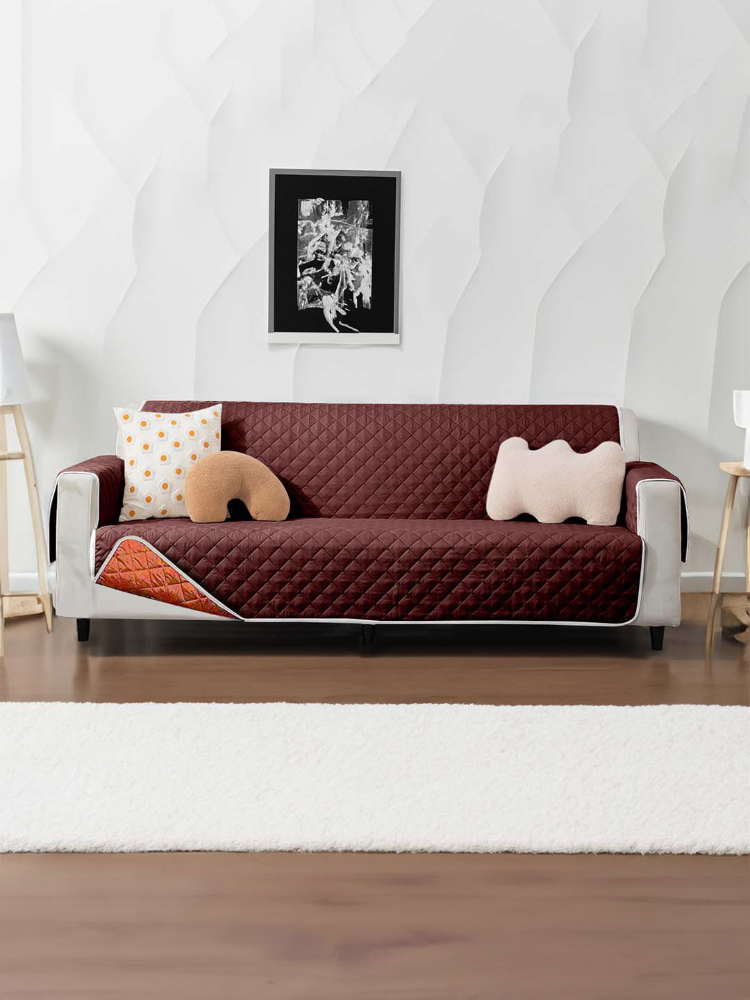 Cortina Brown & Orange-Colored Quilted 2 Seater Reversible Sofa Cover With Arms