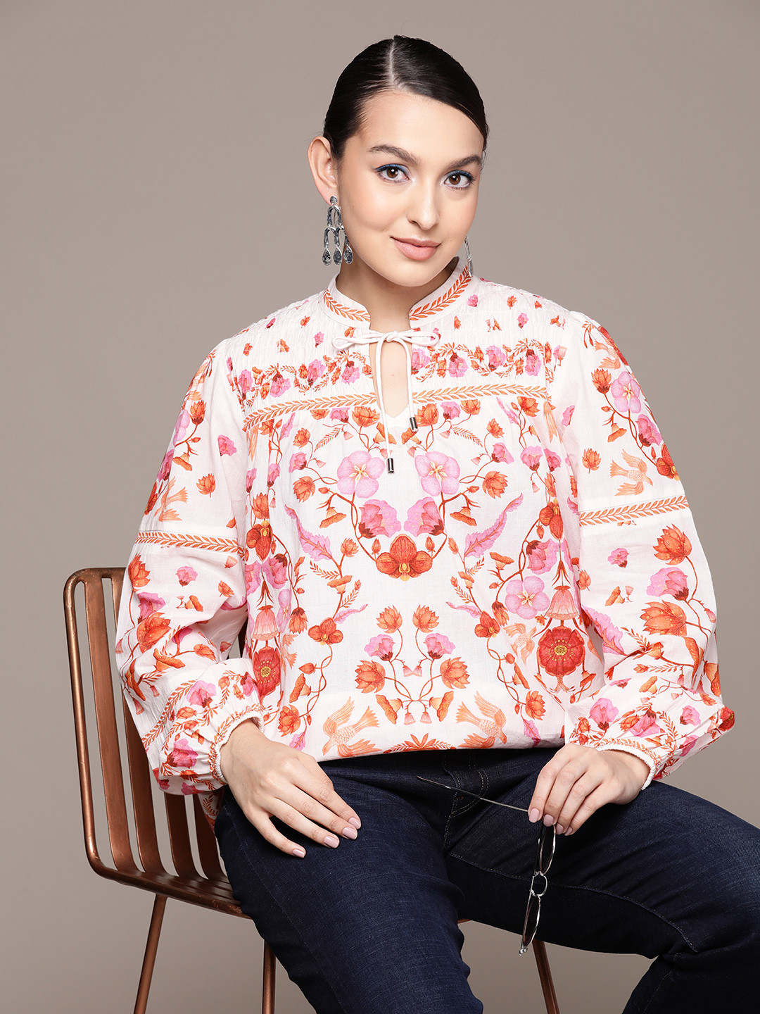 Label Ritu Kumar Floral Print Tie-Up Neck Puff Sleeves Cotton Top