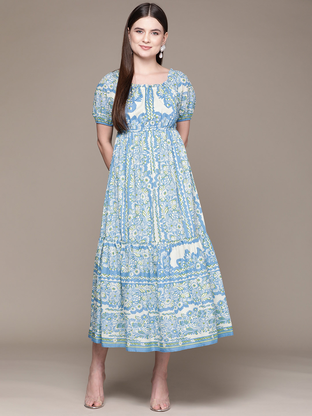 Label Ritu Kumar Floral Print Off-Shoulder Puff Sleeves Tiered Fit & Flare Midi Dress
