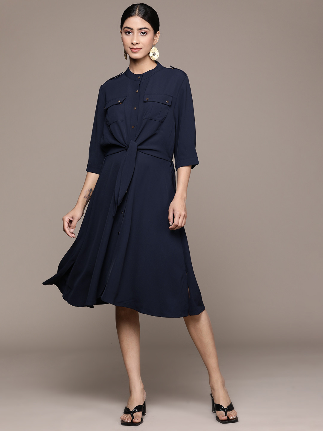 Label Ritu Kumar Crepe A-Line Dress With Tie-Ups Detail