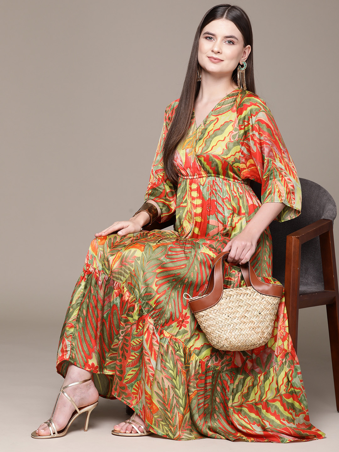 Label Ritu Kumar Tropical Print Batwing Sleeves Tiered Satin Maxi Dress