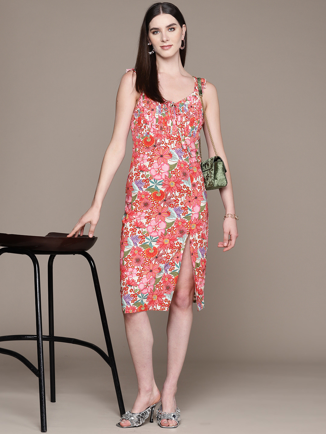 Label Ritu Kumar Floral Print Tie-Up Neck A-Line Dress