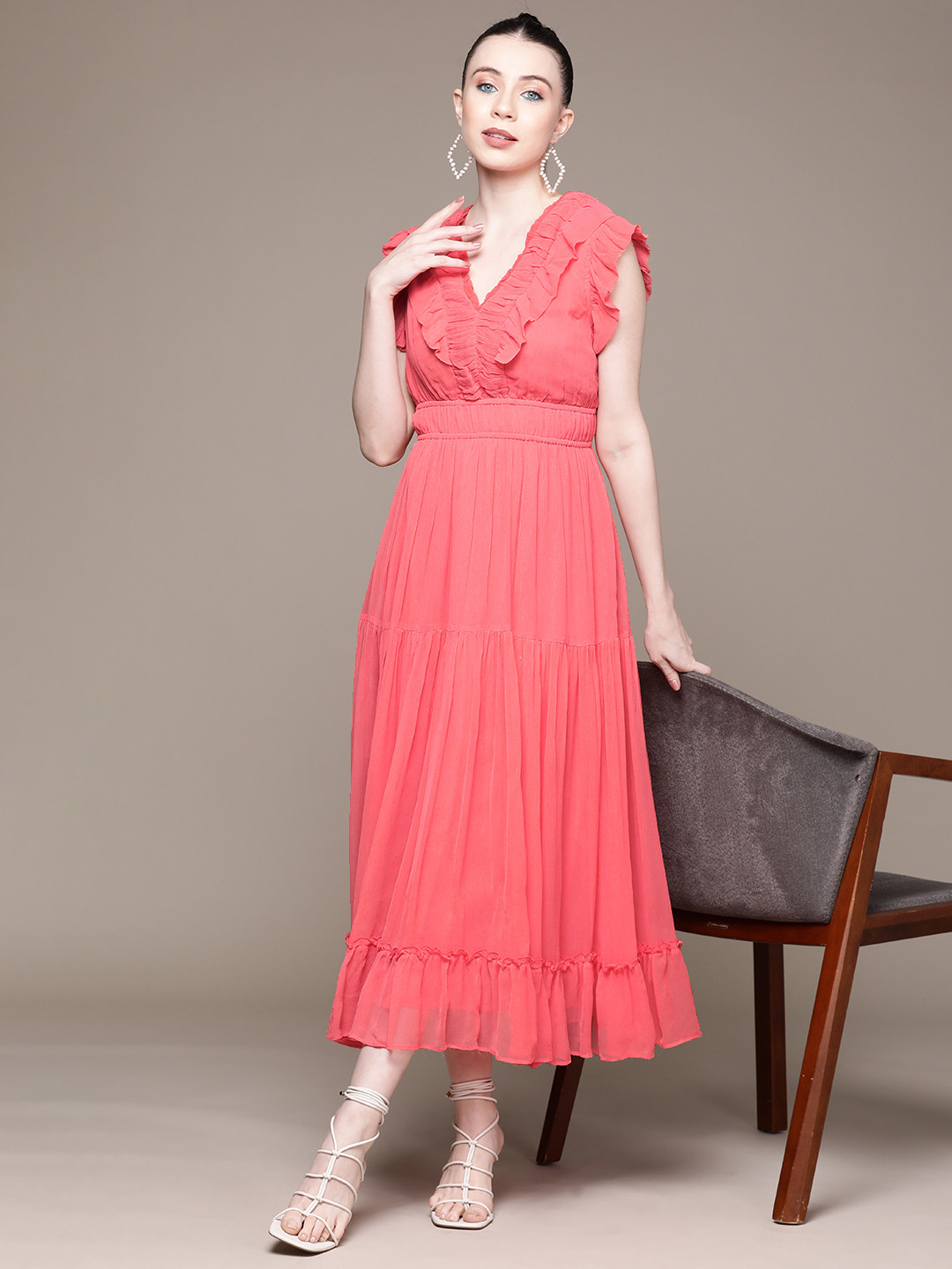 Label Ritu Kumar Ruffled Chiffon Tiered A-Line Midi Dress