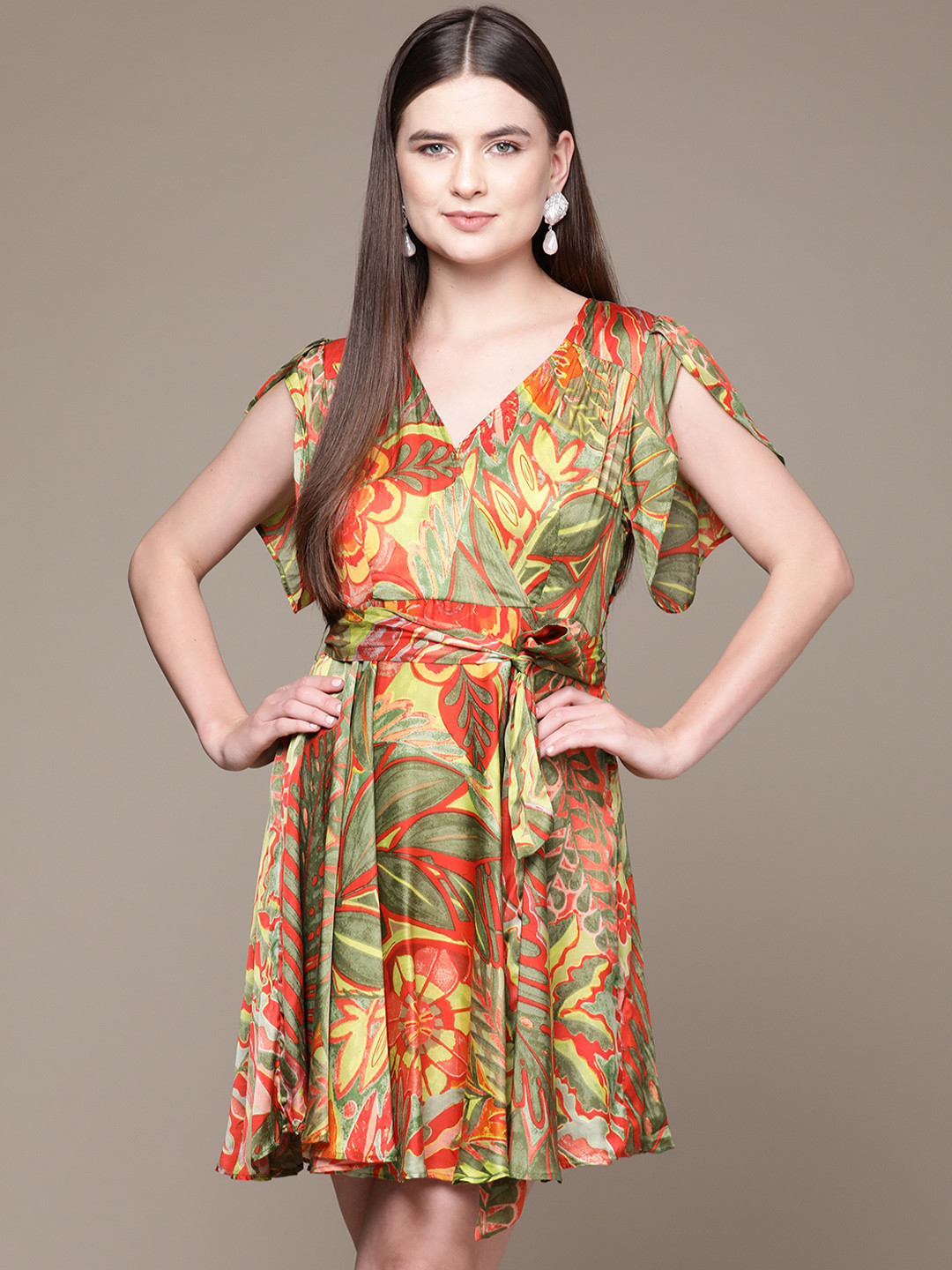 Label Ritu Kumar Tropical Print Flared Sleeves Satin Dress with Belt