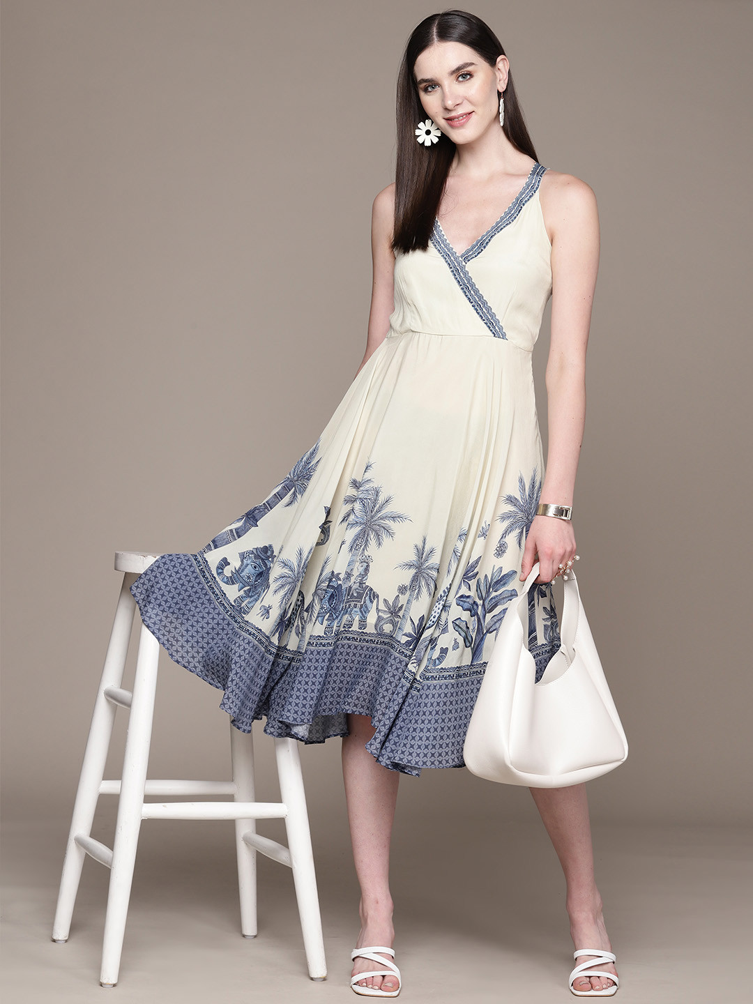 Label Ritu Kumar Tropical Print Crepe Fit & Flare Dress