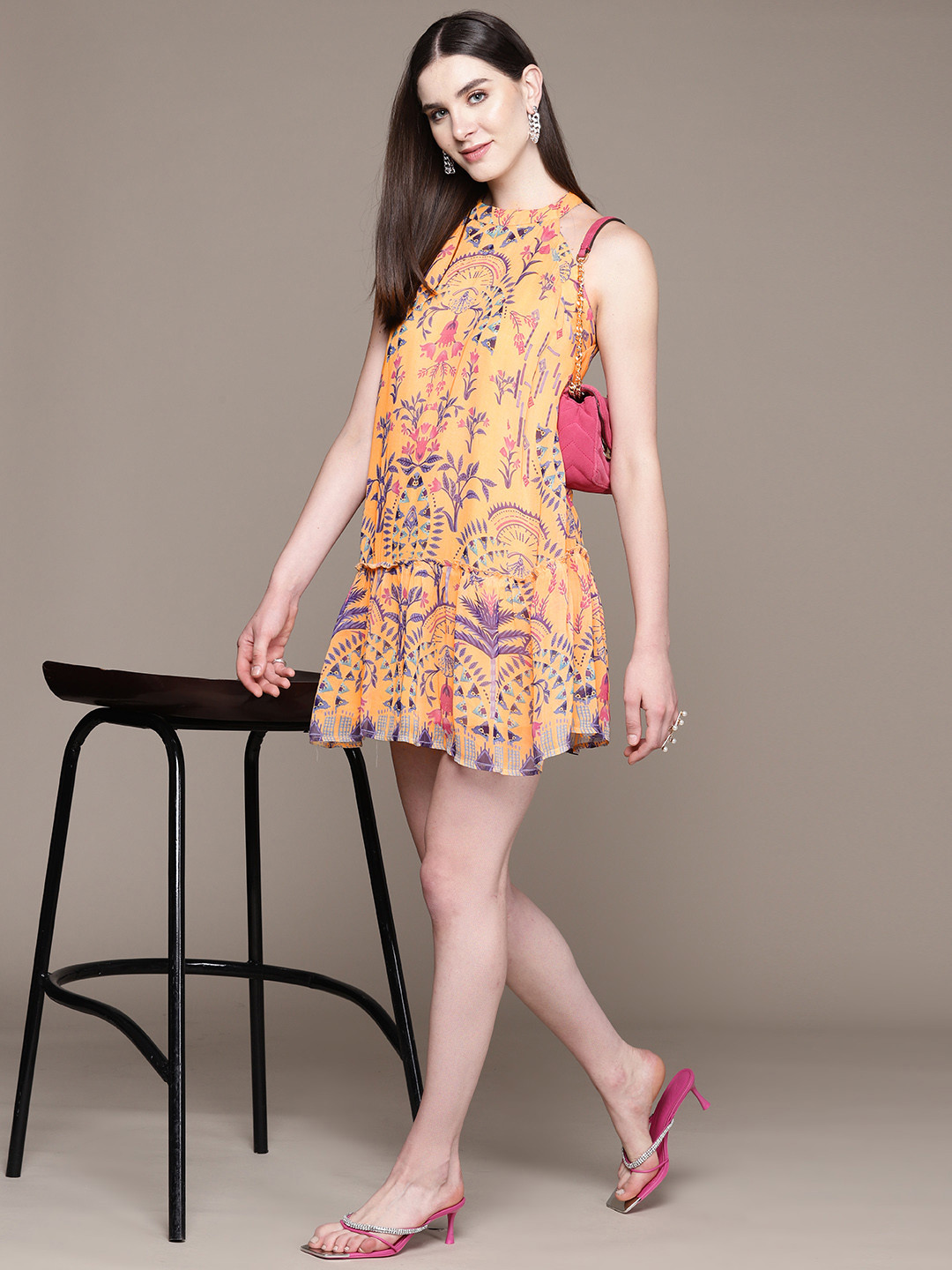 Label Ritu Kumar Floral Print Halter Neck Georgette A-Line Mini Dress