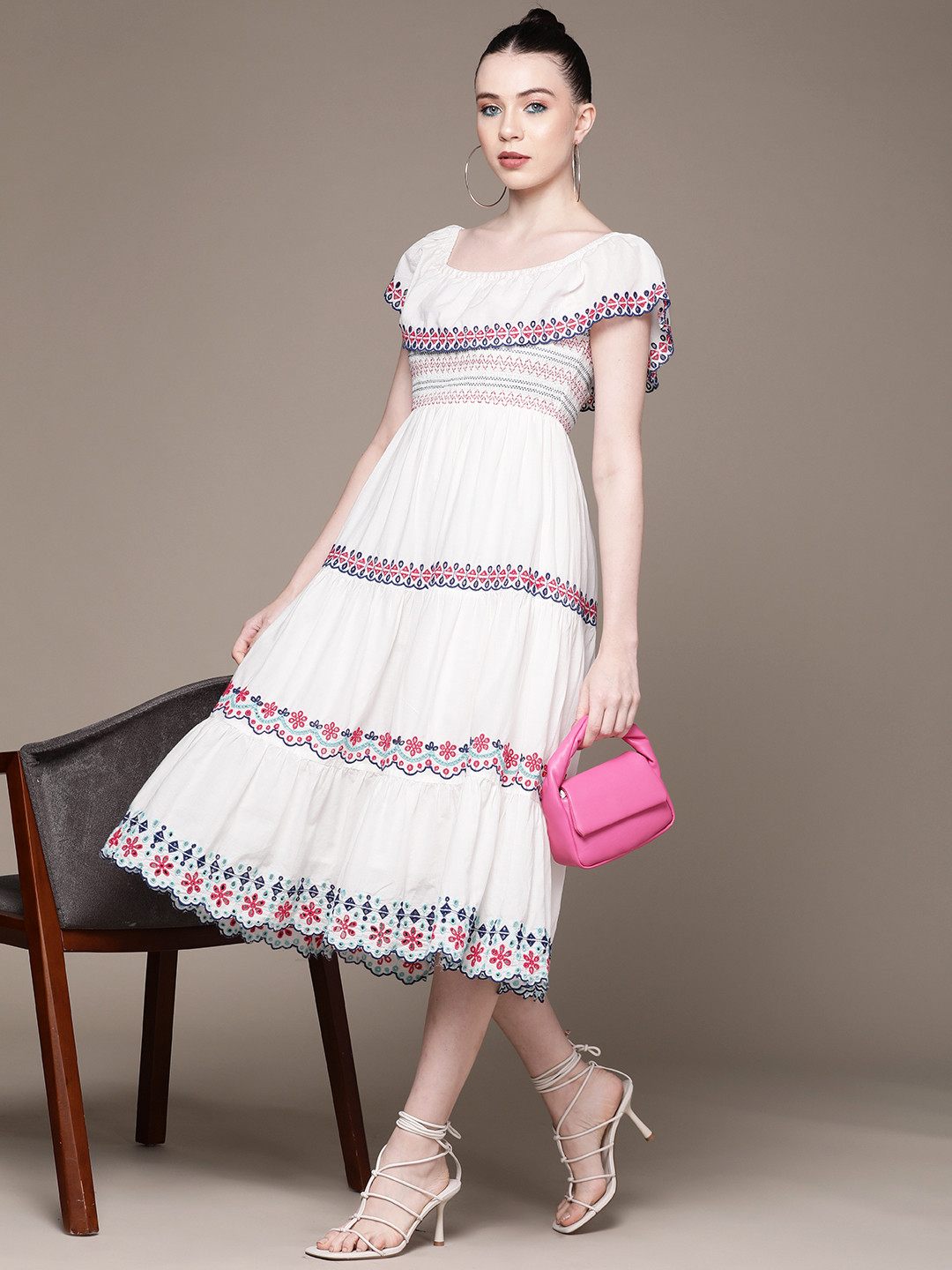 Label Ritu Kumar Floral Embroidered Off-Shoulder Flared Sleeves Cotton Chambray Midi Dress