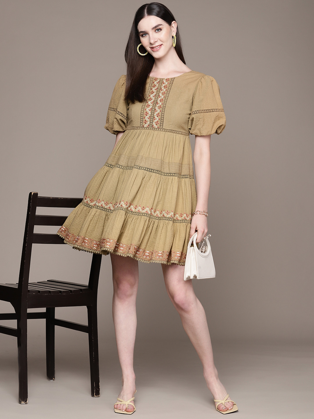 Label Ritu Kumar Floral Embroidered Flared Sleeve A-Line Mini Dress