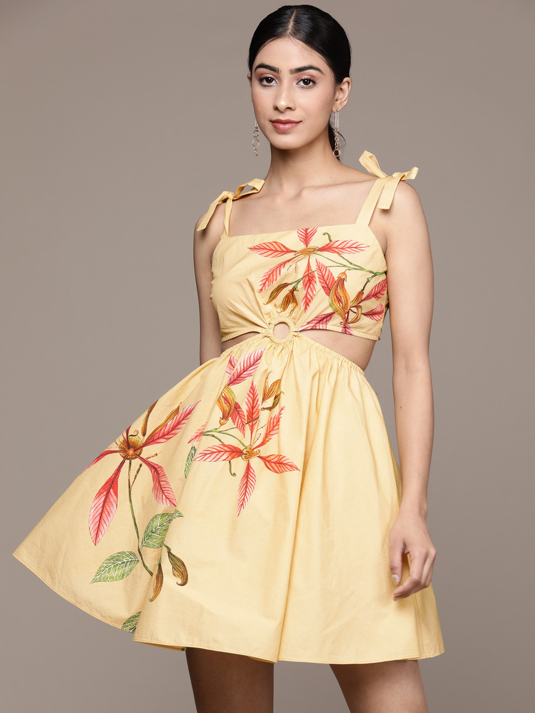 Label Ritu Kumar Floral Print Cut-Outs Tie-Up Neck Fit & Flare Mini Dress