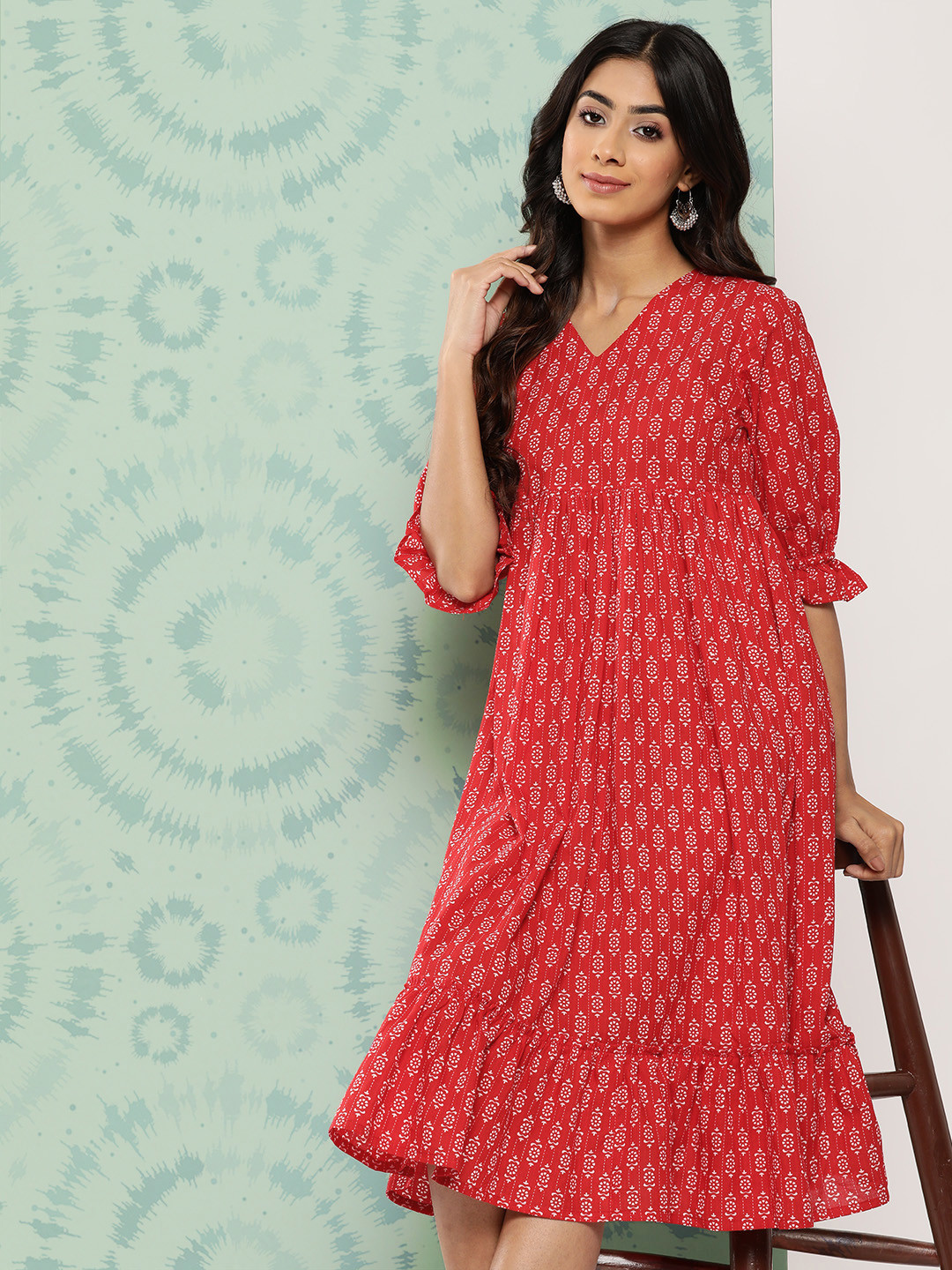 Janasya Ethnic Motifs Print Puff Sleeve Empire Dress
