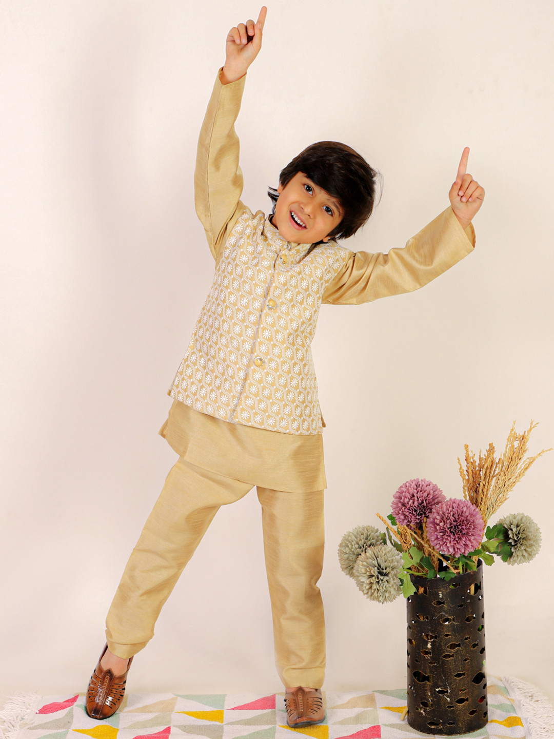Superminis Boys Mandarin Collar Chikankari Kurta with Pyjamas