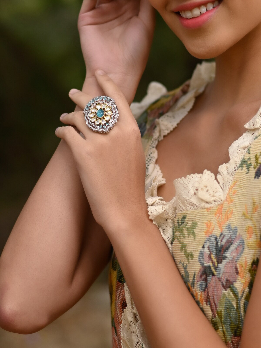ODETTE Gold-Plated Stone Studded Adjustable Royal Finger Ring