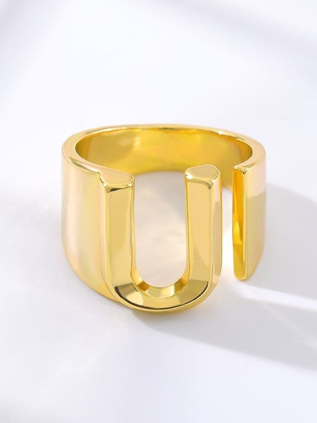ZIVOM 18K Gold Copper Initial Letter U Hollow Chunky Adjustable Ring